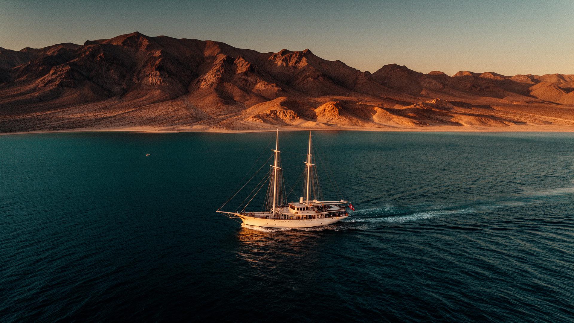 A classic sailing yacht crossing the Sea of Cortez at golden hour